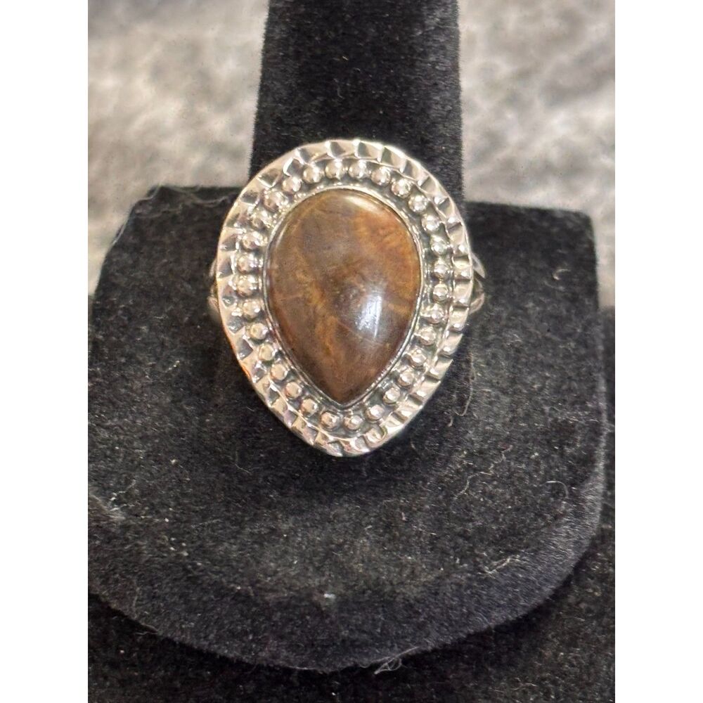 Vintage Sterling Silver Tiger Eye Tear Drop Statement Ring Sz 9